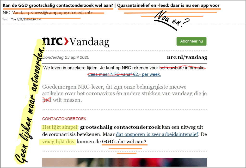 Afbeelding: nieuwsbrief NRC met slecht gekozen en onbehoorlijk geschreven, suggestieve en misleidende koppen.
